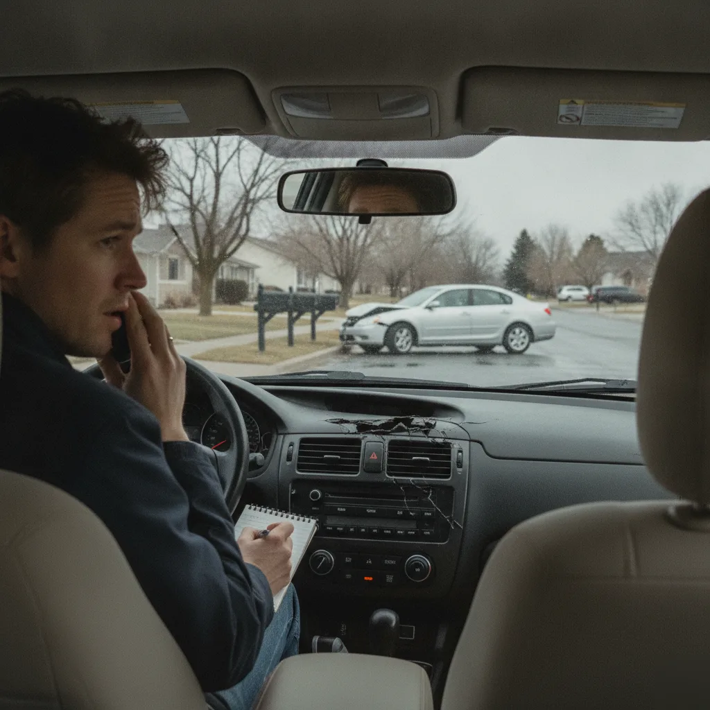 Driver on the phone deciding whether to make a car accident claim in Greenwood Village