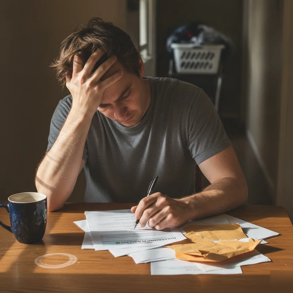 Filing car accident insurance claim paperwork at a kitchen table in Greenwood Village