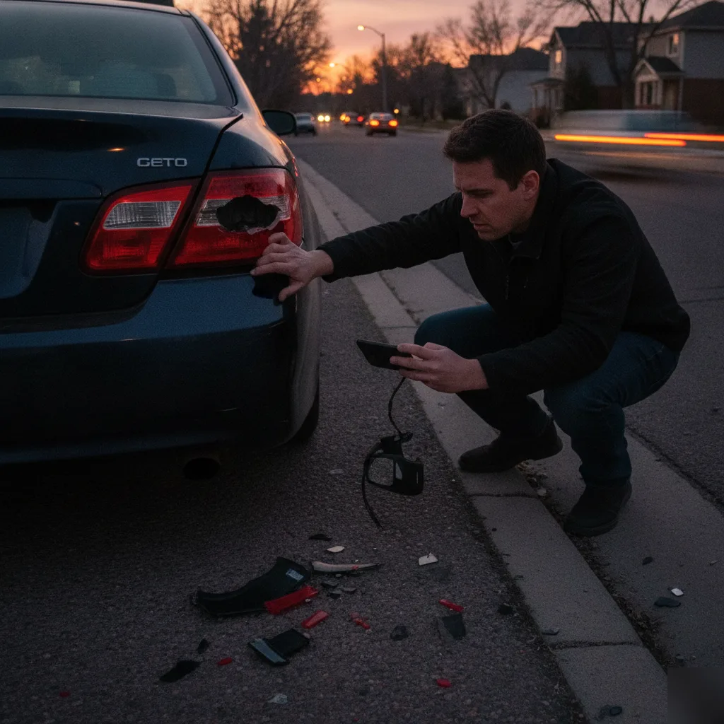 Vehicle damage evidence from a hit-and-run in Greenwood Village