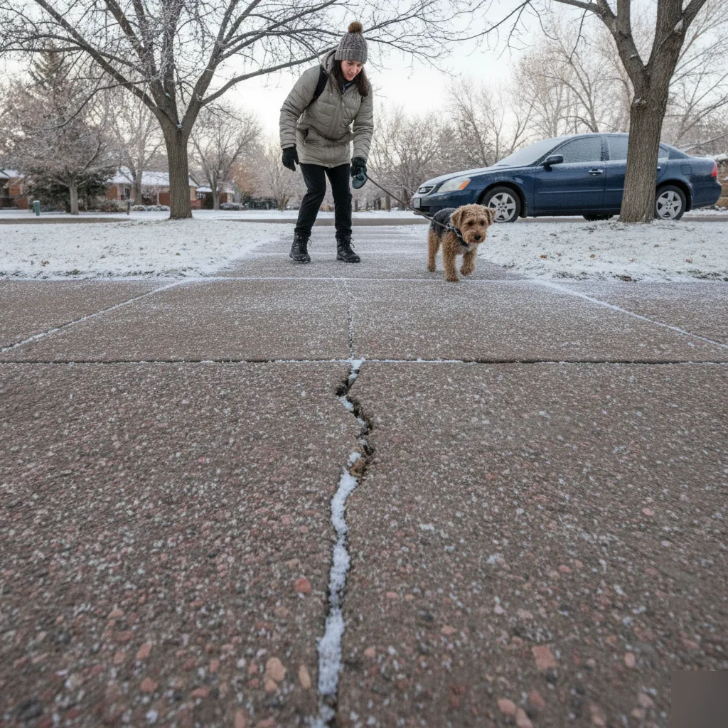 Icy sidewalk hazard in winter conditions in Greenwood Village