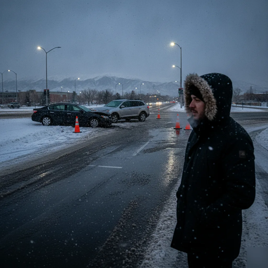Winter car accident on icy road conditions in Greenwood Village